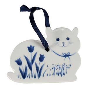 Vintage Russ Berrie Cat Ornament Blue Ceramic Floral Christmas Collectible Gift